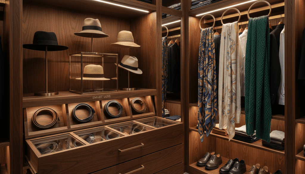 Organized wardrobe for hats bolts and accessories scarfs with warm lights and spaces