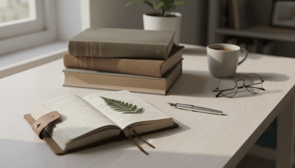 Minimalist bookshelf and glasses, representing personal growth and lifelong learning