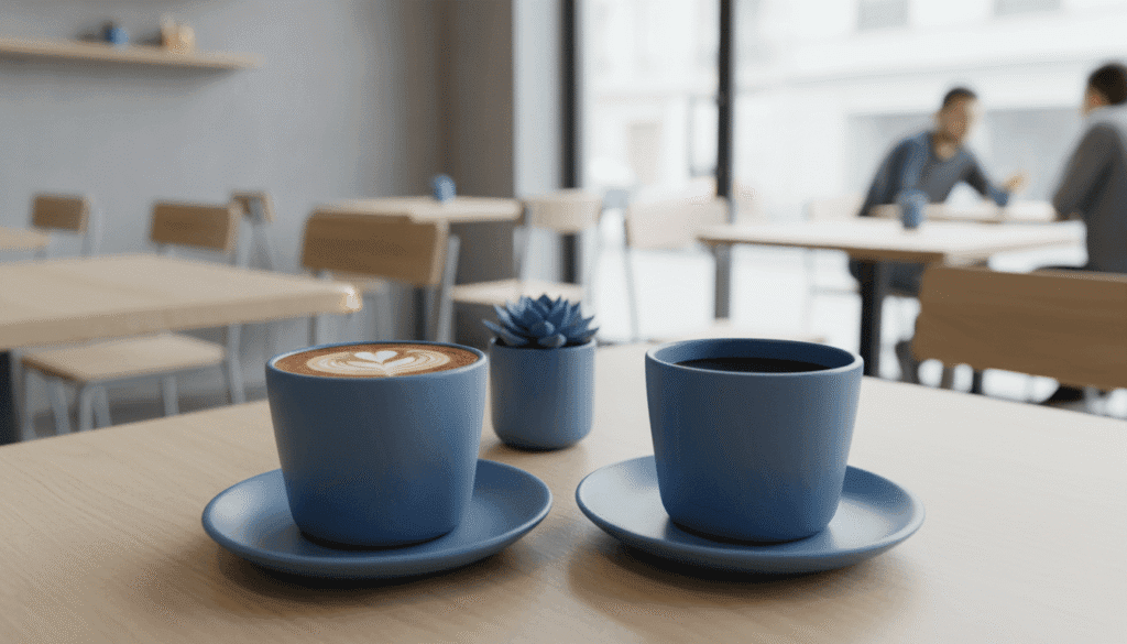 Aesthetic social gathering, coffee cups on a wooden table, representing community and friendship