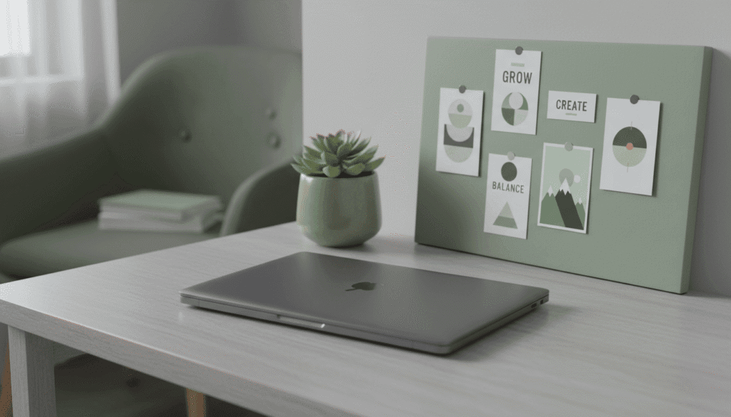 Intentional workspace, minimalist laptop and plant, representing purposeful career growth