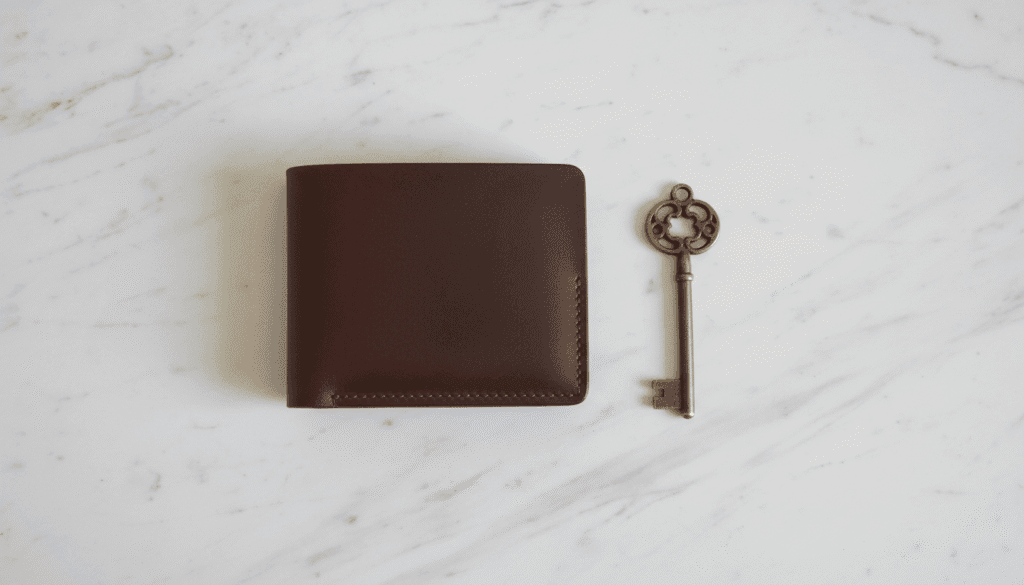 Minimalist wallet and key, representing financial freedom and security blueprint