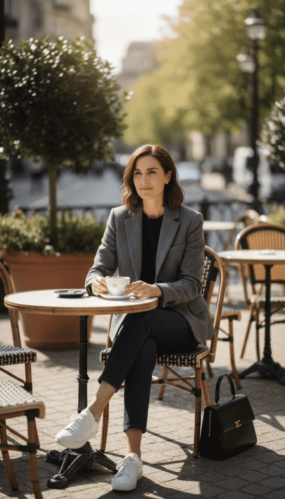 Casual chic winter outfit with a grey blazer and white sneakers, perfect for a city outing.