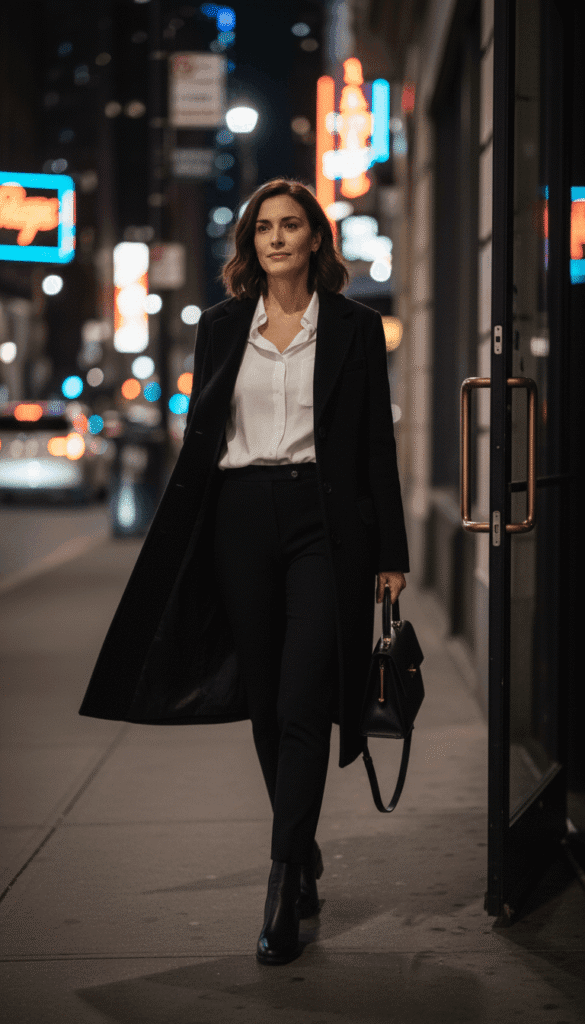 Sophisticated night look with a classic black wool overcoat and a structured leather handbag.