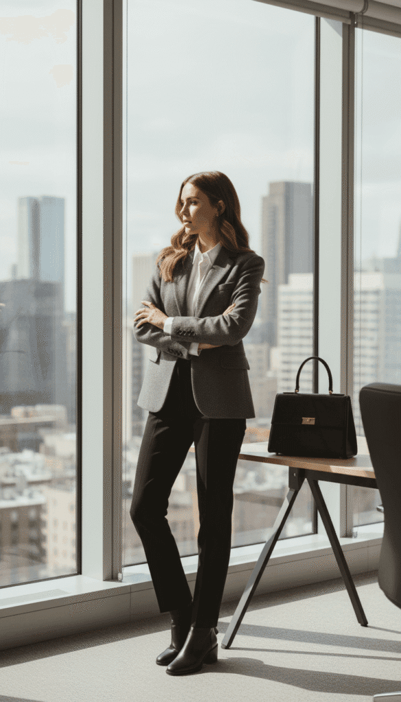 Elegant business attire featuring a gray tailored blazer and black trousers for a winter office look.
