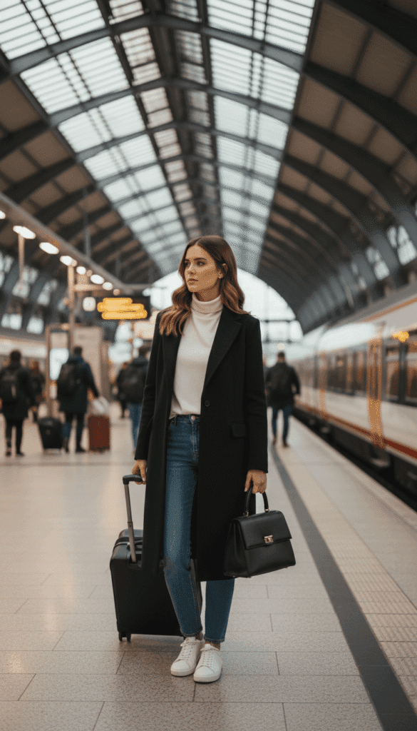 Winter travel fashion featuring a classic black wool overcoat layered over a turtleneck with denim jeans and sneakers.