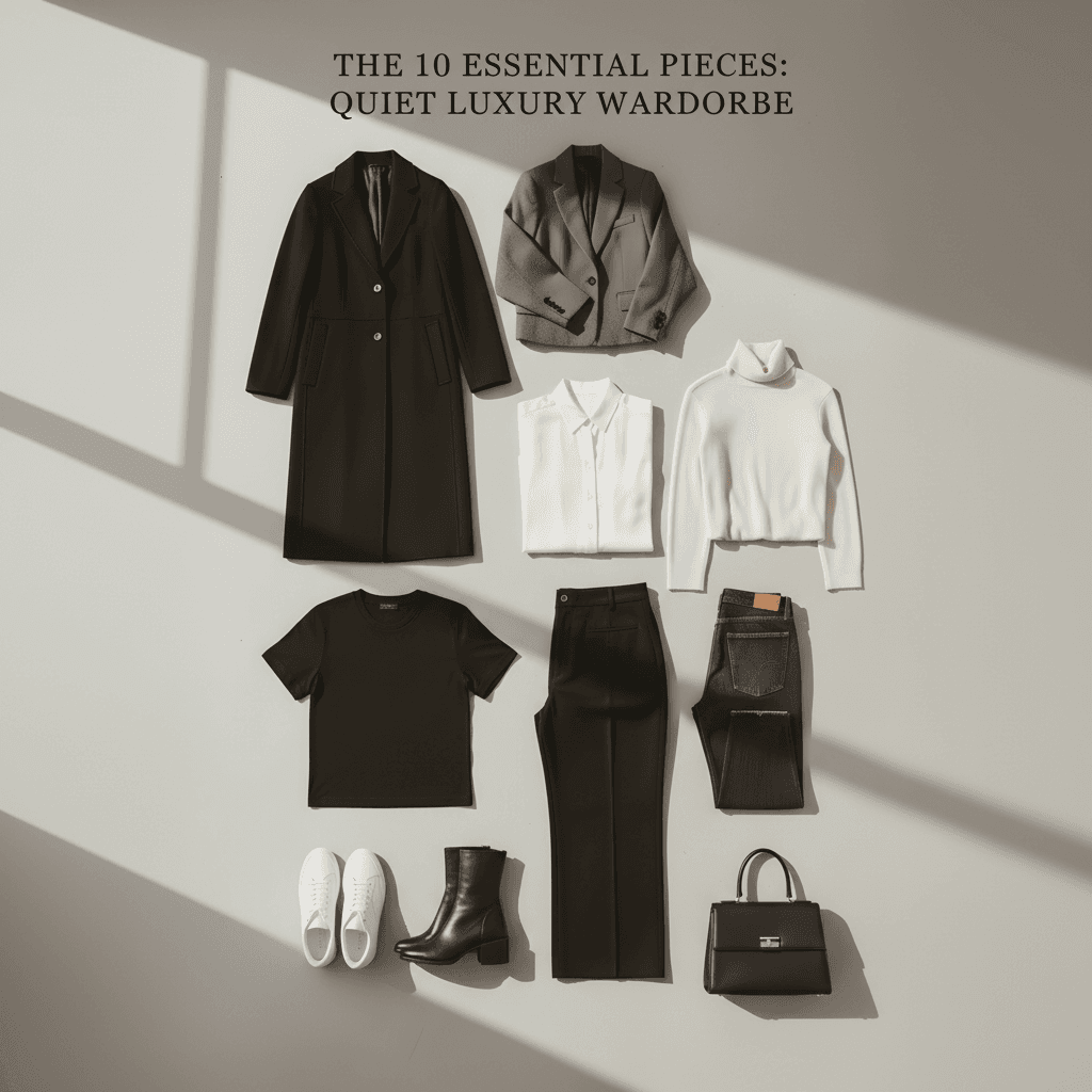 Flat lay of a 10-piece Quiet Luxury Winter Capsule Wardrobe for 2026, featuring a black wool overcoat, grey tailored blazer, cream turtleneck sweater, white button-down shirt, black t-shirt, tailored trousers, straight-leg denim jeans, black ankle boots, white minimalist sneakers, and a structured black leather handbag on a neutral background with soft shadows