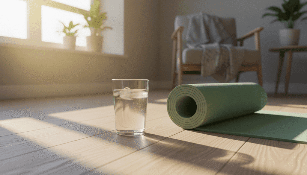 Holistic wellness aesthetic, fresh water and minimalist sports gear for a healthy morning routine