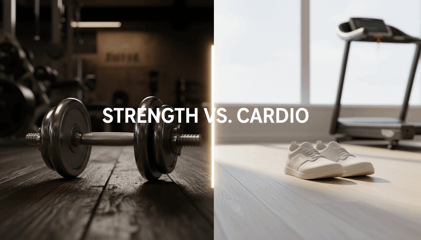 Strength training vs. cardio Minimalist split-screen comparison of a chrome dumbbell and running shoes for a balanced fitness routine.