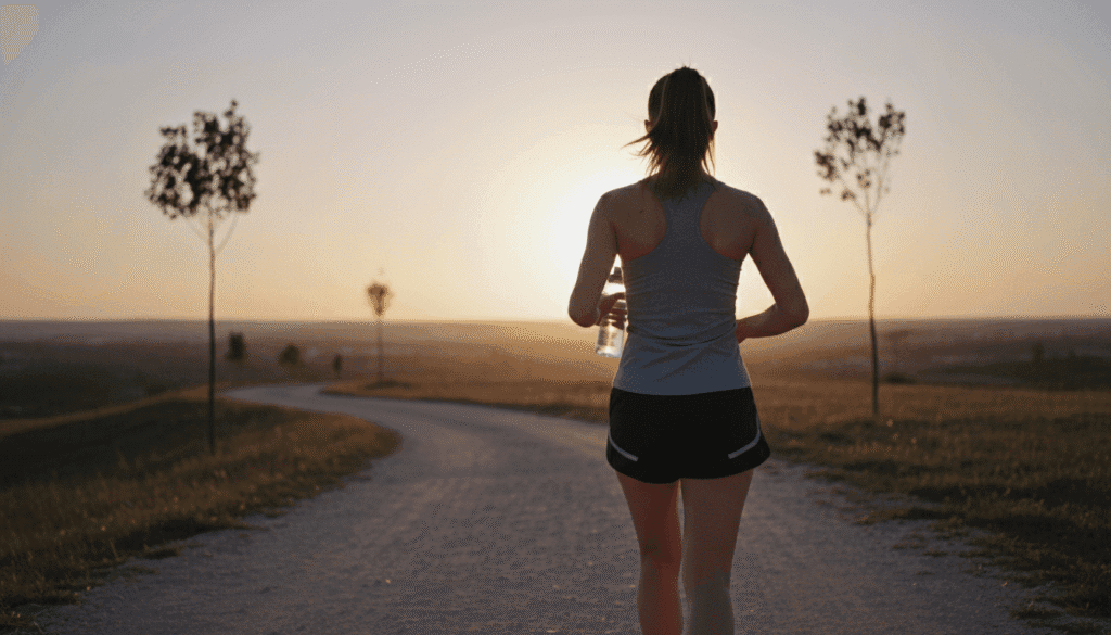 Strength training vs. cardio, running girl in the natural with botter of water in her hand