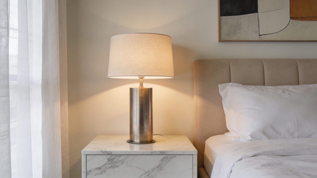 warm bedside lamp in minimalist bedroom